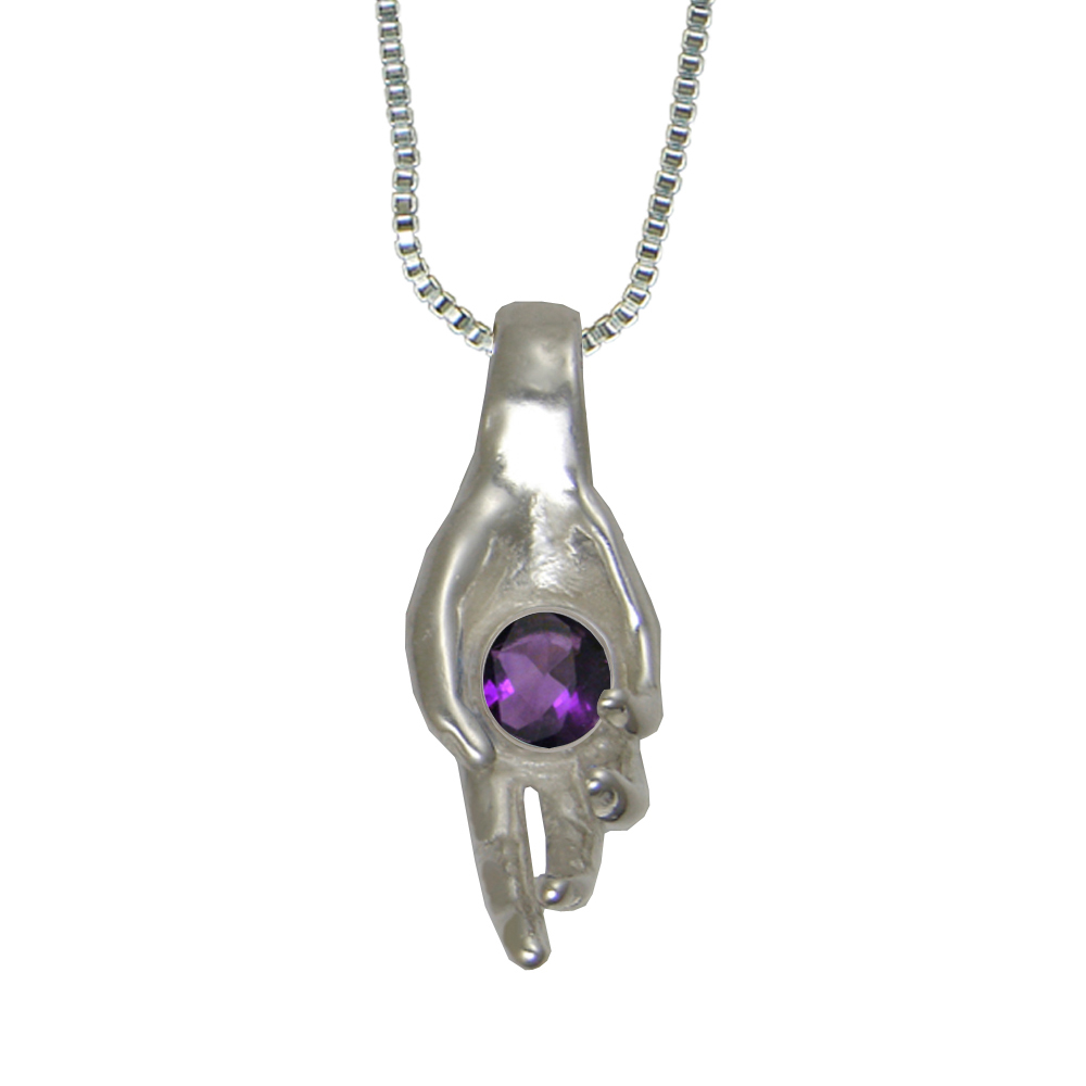 Sterling Silver Healing Hand Pendant With Faceted Amethyst